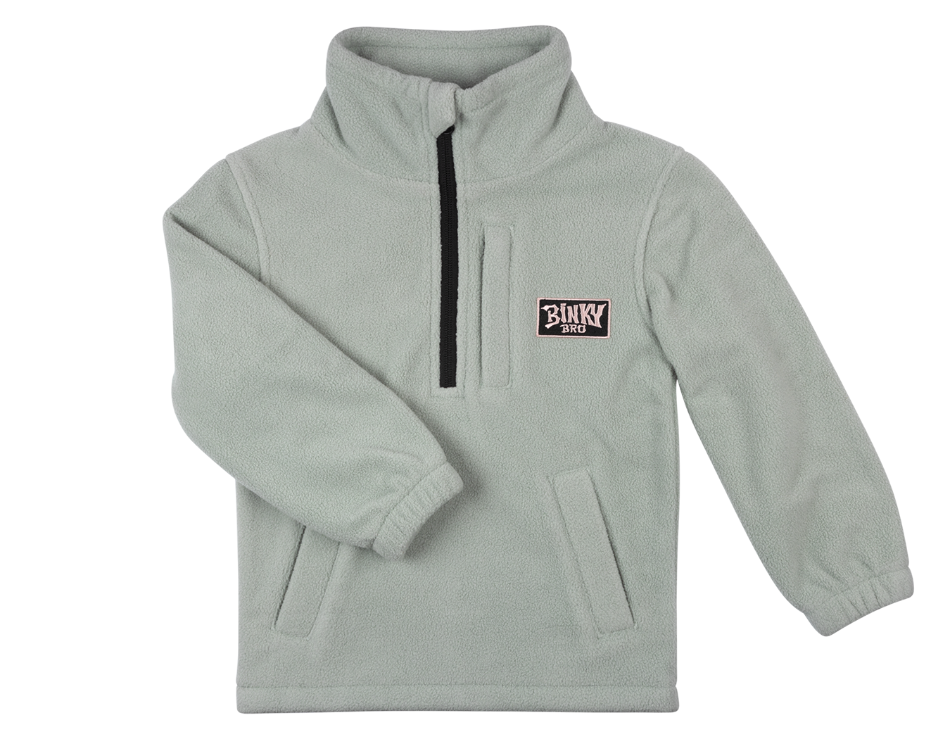 Soft pistachio fleece pullover with a half-zip, featuring a Binky logo on the chest and front pockets. Ideal for kids.