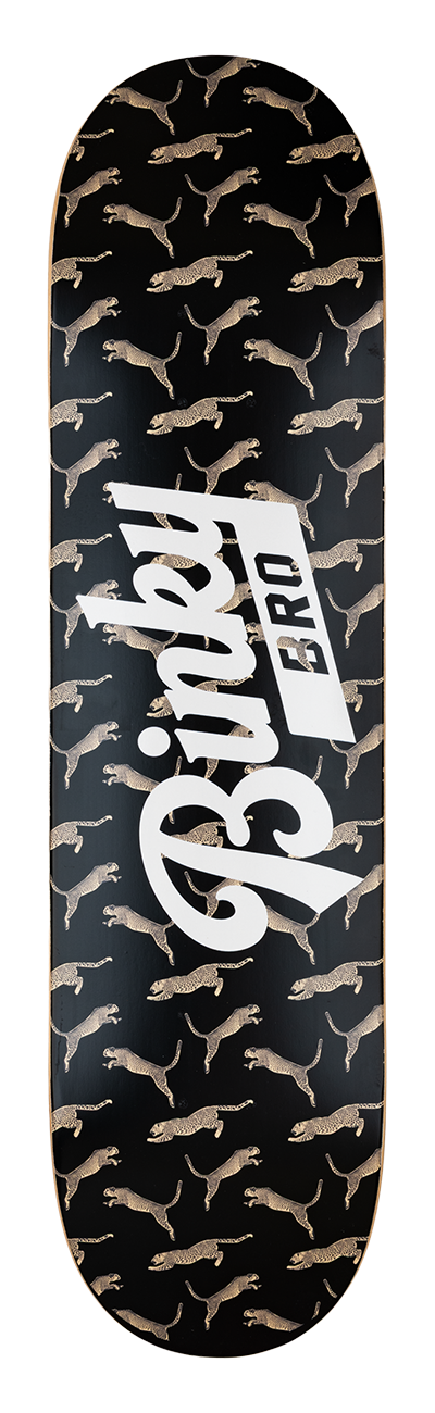 Stylish skateboard deck featuring a black background with a unique leopard pattern and bold white "BinkyBro" logo.