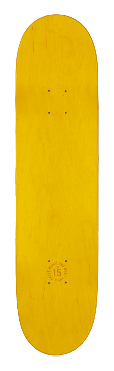 Yellow skateboard deck with a smooth finish, featuring a minimalist design and no graphics, ideal for custom artwork.