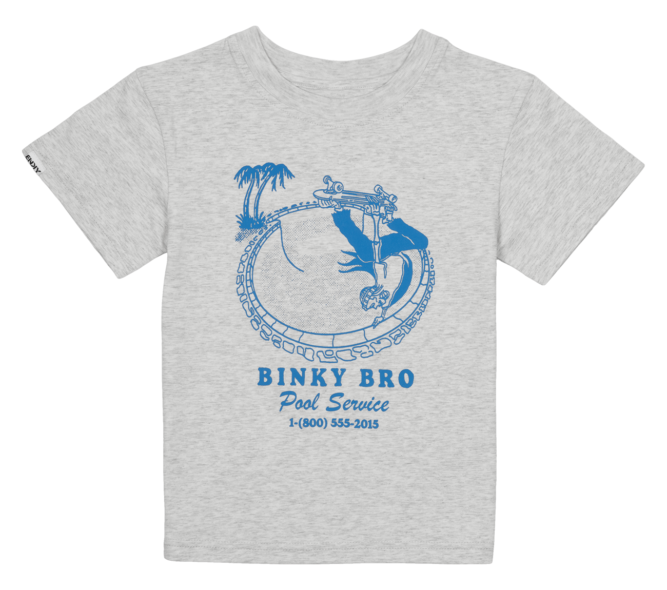 Light gray toddler t-shirt featuring a blue graphic of a swimmer on a pool float with palm trees and "Binky Bro Pool Service" text.