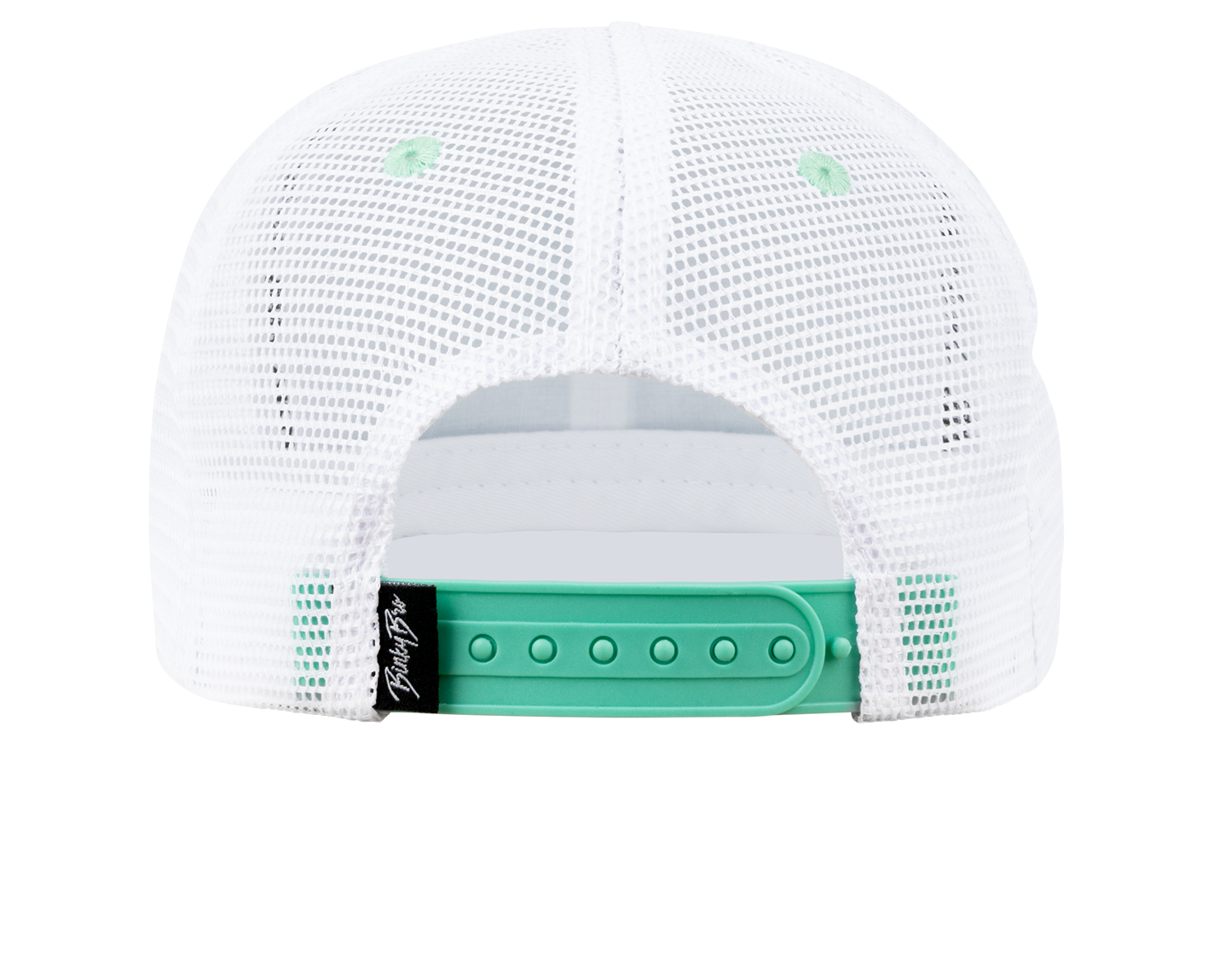 Back view of a Poway snapback hat featuring a white mesh design and a mint green adjustable strap. Ideal for kids.