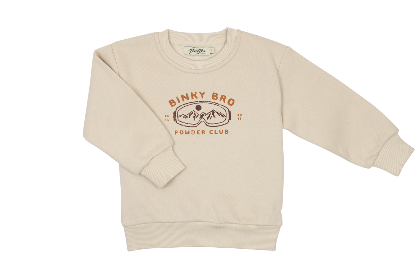 Cream-colored sweatshirt featuring "Binky Bro Powder Club" graphic with mountain design, perfect for stylish kids.