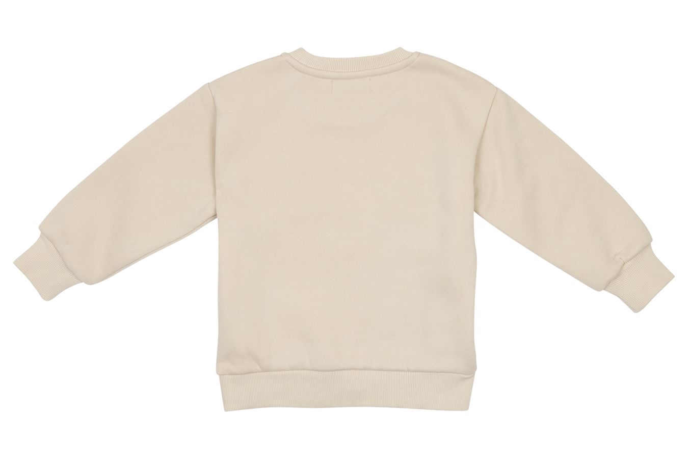 Back view of a cream-colored sweatshirt designed for kids, featuring a classic crew neck and ribbed cuffs.