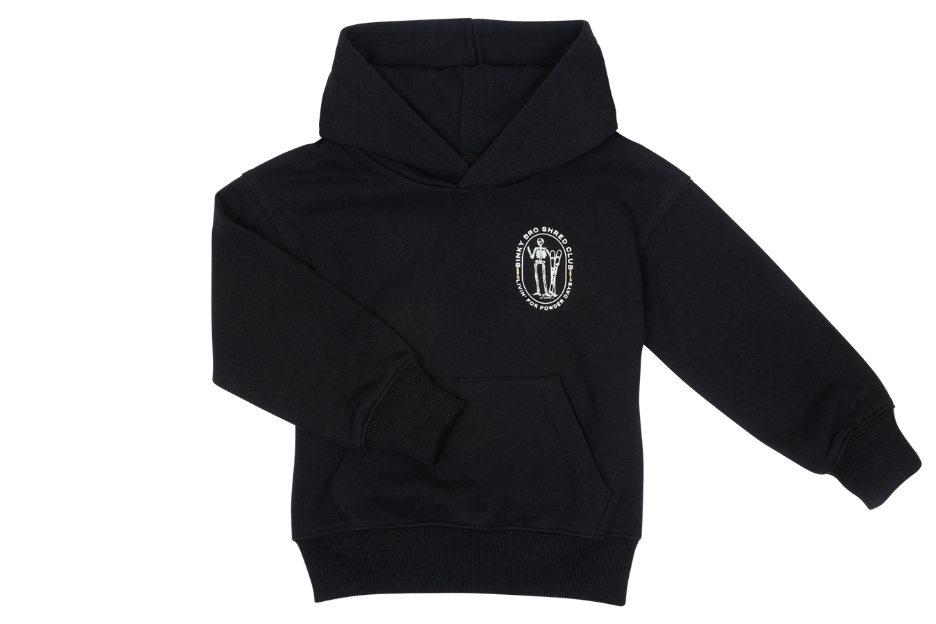 Black Powder Skelly Hood featuring a front logo, designed for infants and toddlers with a stylish, cozy fit.