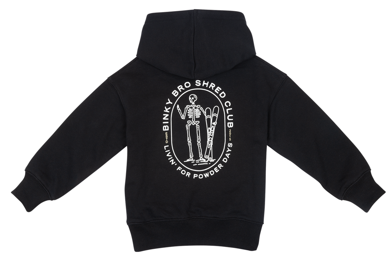 Black hooded sweatshirt featuring a skeleton graphic with skis and the text "Binky Bro Shred Club" on the back.