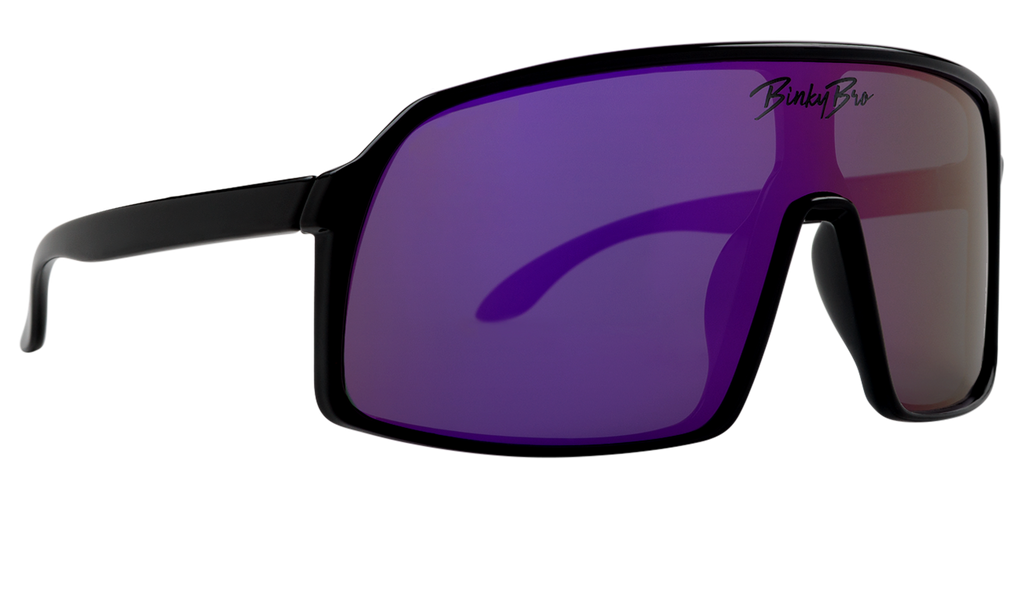 Our Monteverde Purple sunglasses have black rims with a purple reflective colored lens. Our BinkyBro signature logo is present on the top-middle of the lens. Size fits best for kids in the 18 months - 5 year range.