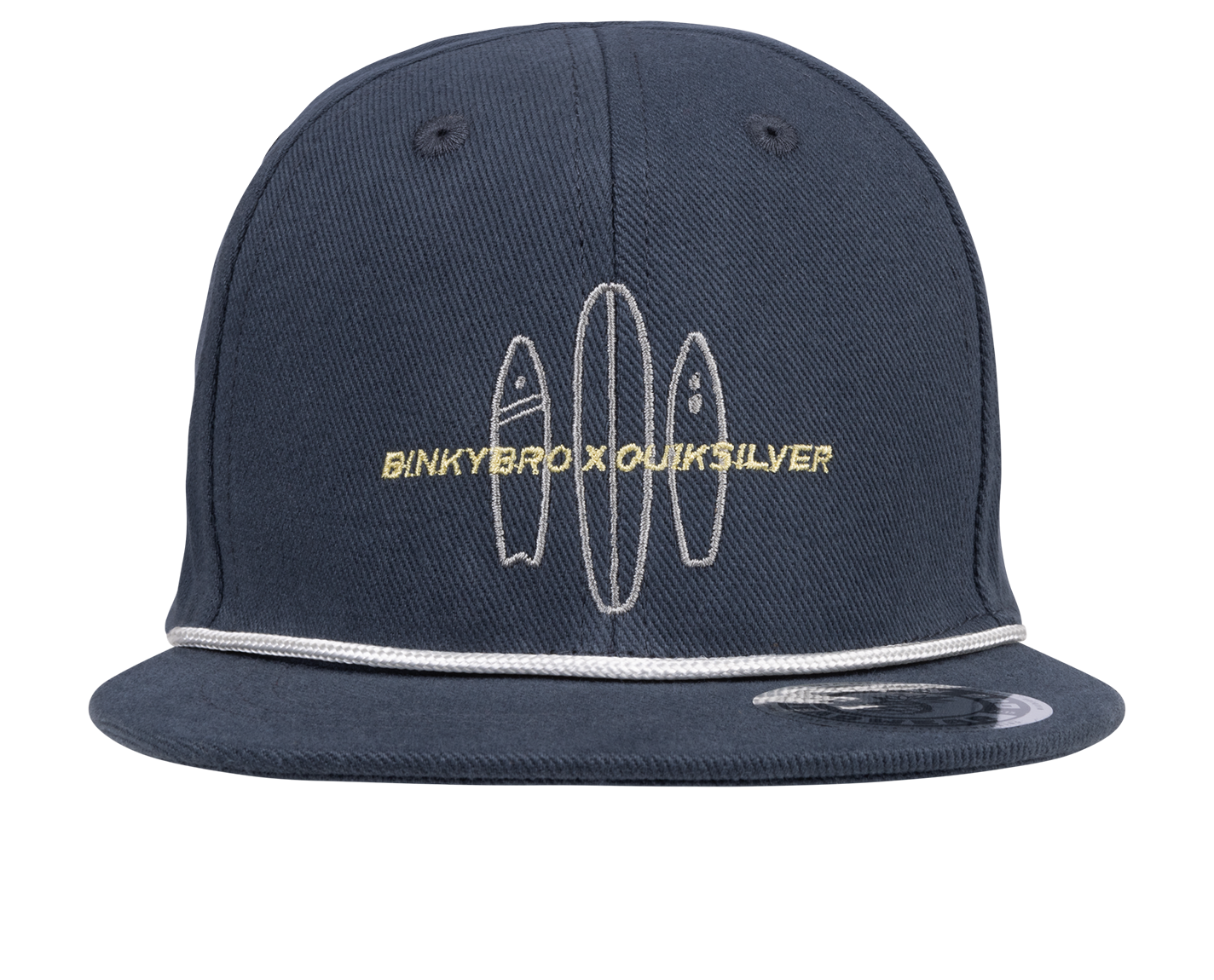 Navy snapback hat featuring surfboard graphics and BinkyBro x Quiksilver branding, perfect for stylish kids.