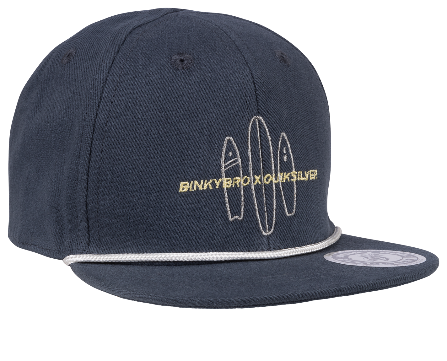 Navy snapback hat featuring surfboard graphics and a stylish design, perfect for kids embracing the surf-snow-skate lifestyle.