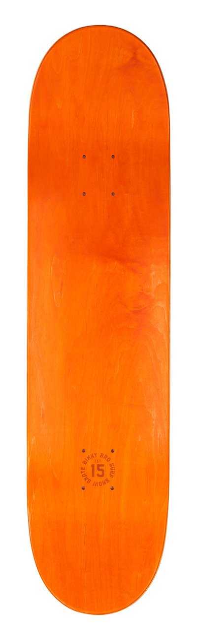 Orange skateboard deck featuring a smooth finish and minimalistic design, ideal for skateboarding enthusiasts.