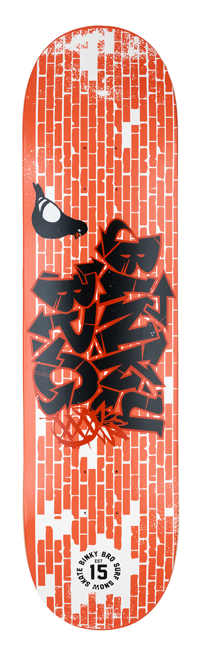 Skateboard deck featuring bold black graffiti-style text on a red brick background, designed for stylish youth skaters.