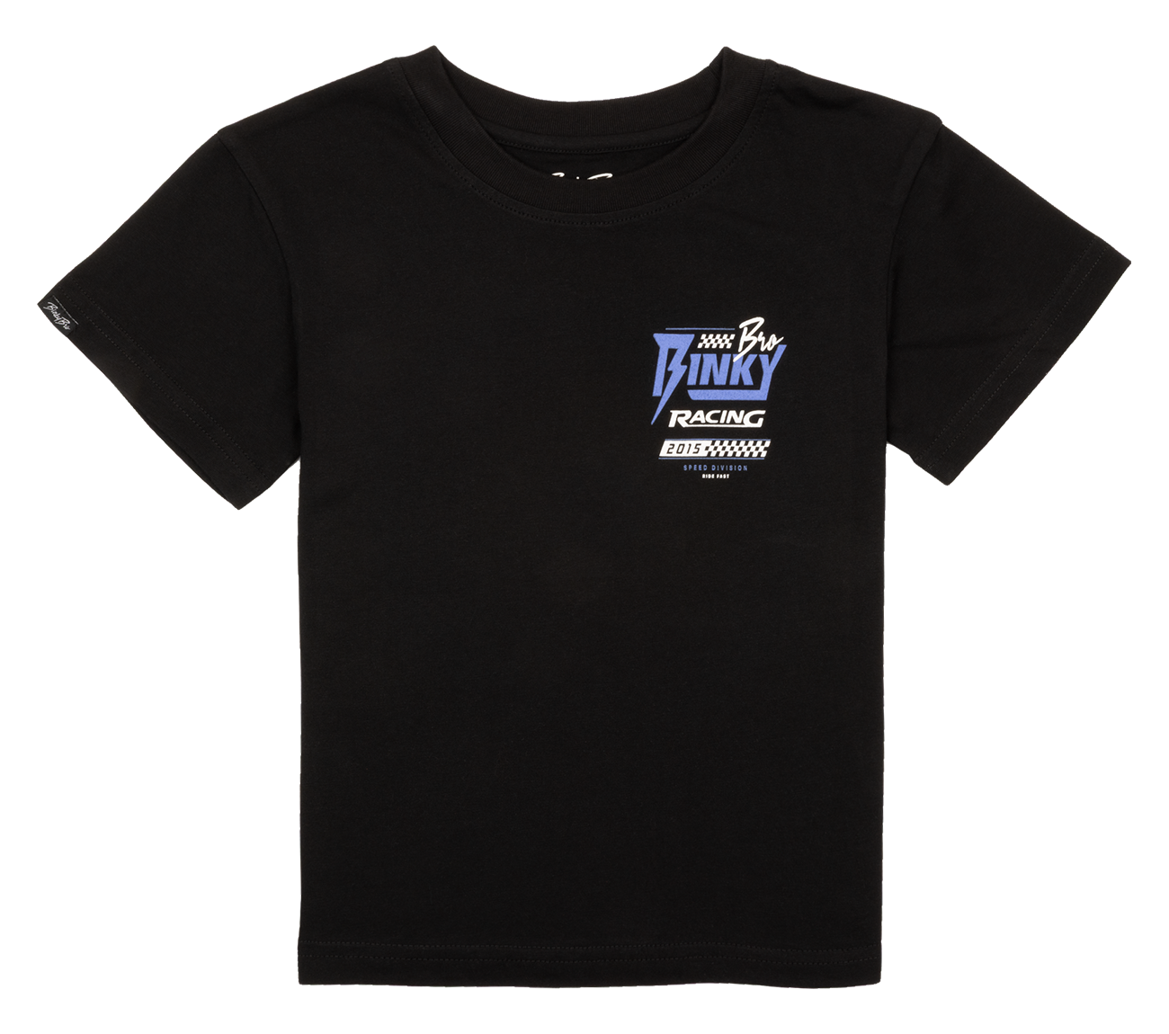 Black t-shirt featuring a bold Racing 2015 graphic, designed for kids with a stylish, sporty vibe. Perfect for active wear.
