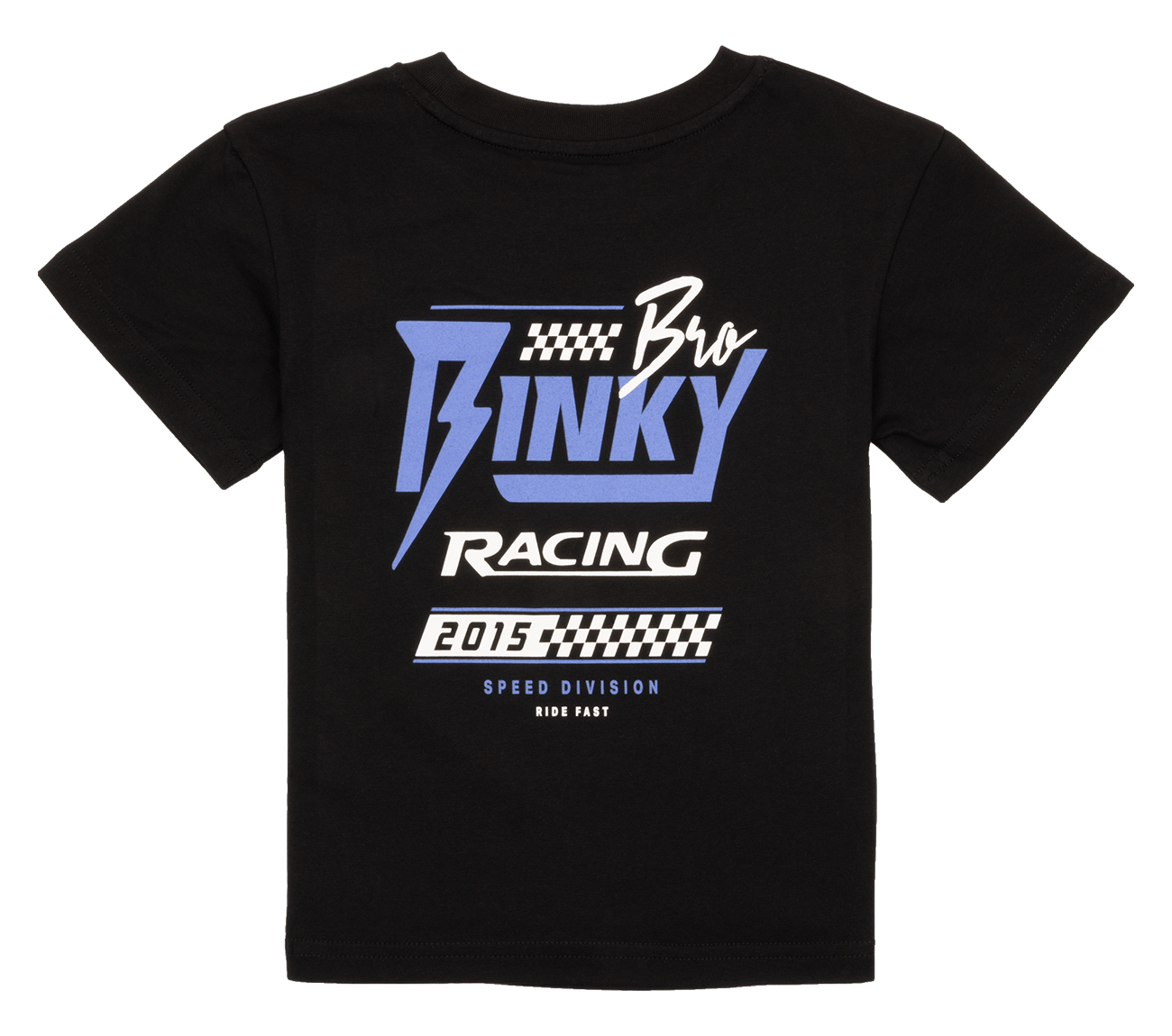 Black t-shirt featuring bold blue and white graphics with "Binky Racing 2015" and "Speed Division" text for kids.