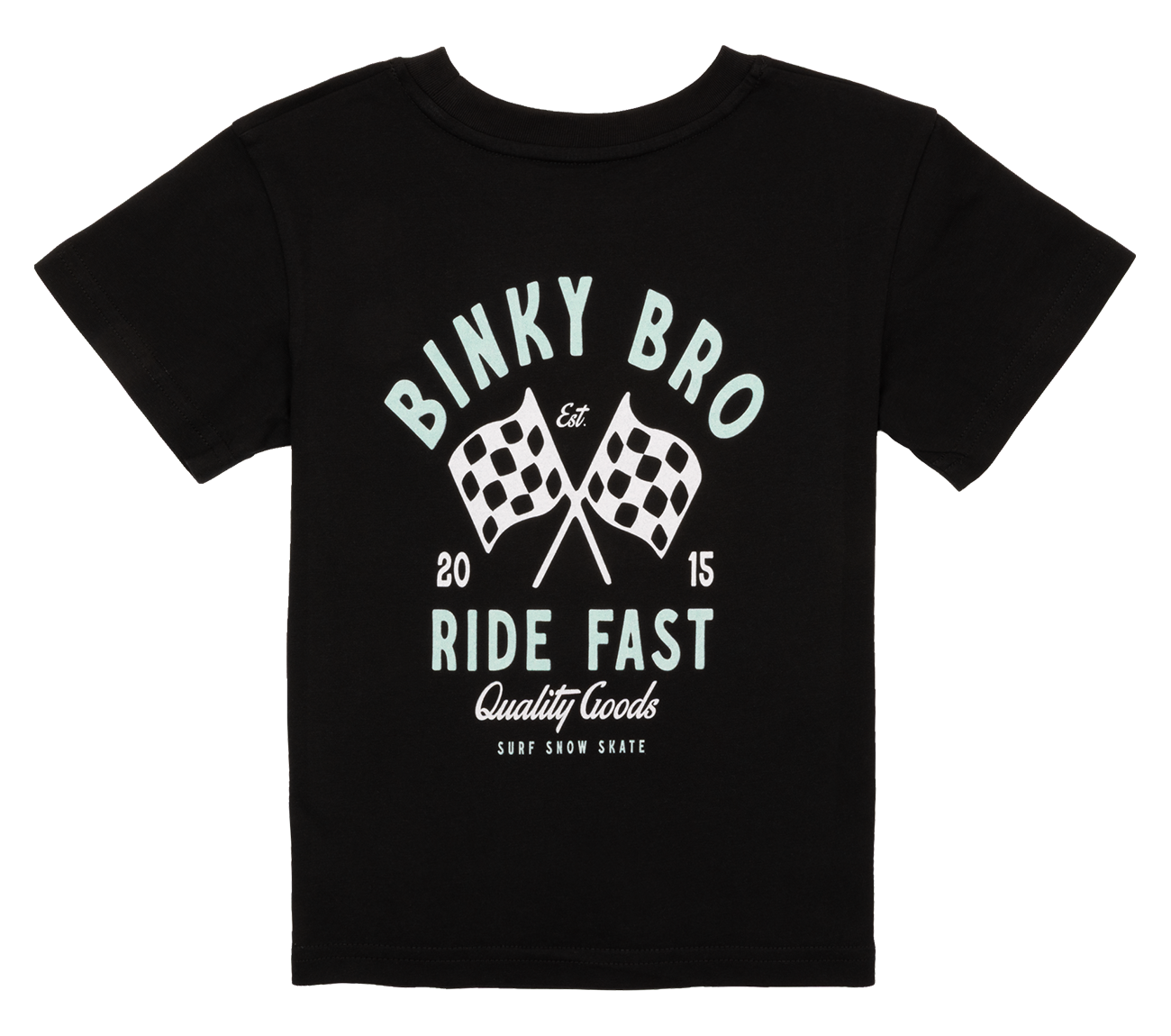 Black t-shirt featuring a racing checkered flag design with "Binky Bro Ride Fast" text, perfect for active kids.