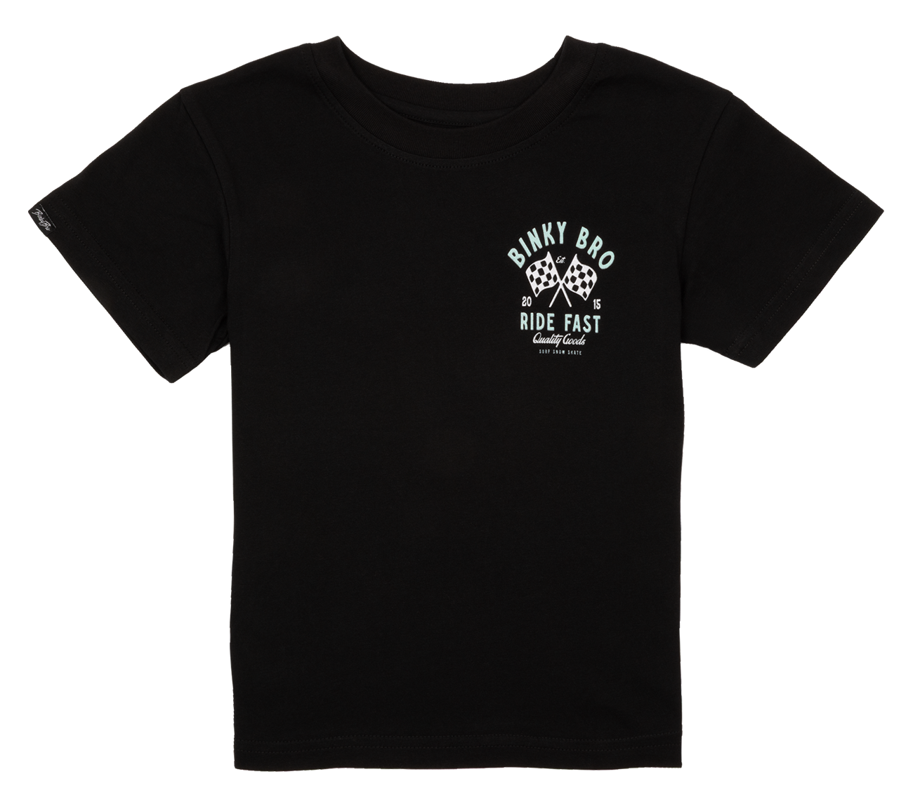 Black T-shirt featuring a racing checkers graphic and "Ride Fast" text, designed for kids with a stylish, active lifestyle.