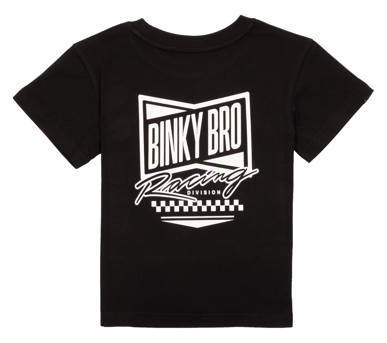Black t-shirt featuring a bold white graphic with "Binky Bro Racing Division" and a checkered flag design.