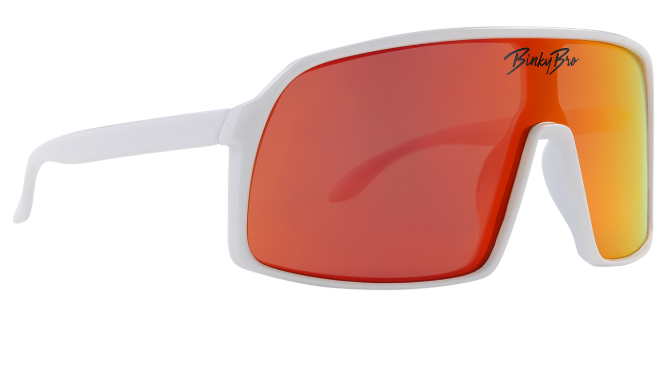 Stylish white sunglasses with large orange mirrored lenses, perfect for kids embracing a surf-snow-skate lifestyle.