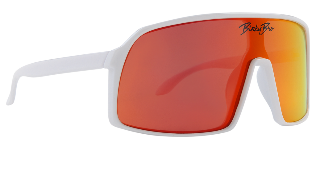 Our Monteverde Cardinal sunglasses have white rims with a cardinal reflective colored lens. Our BinkyBro signature logo is present on the top-middle of the lens. Size fits best for kids in the 18 months - 5 year range.