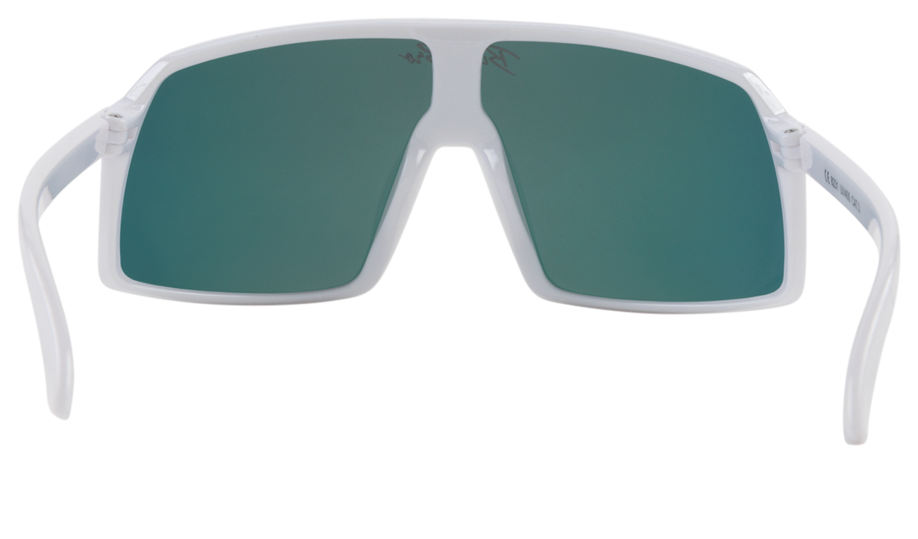 Stylish Monteverde Cardinal sunglasses with a white frame and green lenses, perfect for outdoor adventures.
