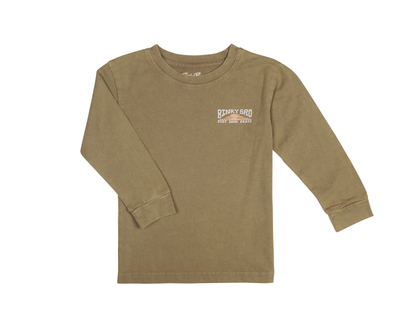 Stylish long sleeve shirt in earthy tone with BinkyBro logo, perfect for infants and toddlers. Ideal for active lifestyles.