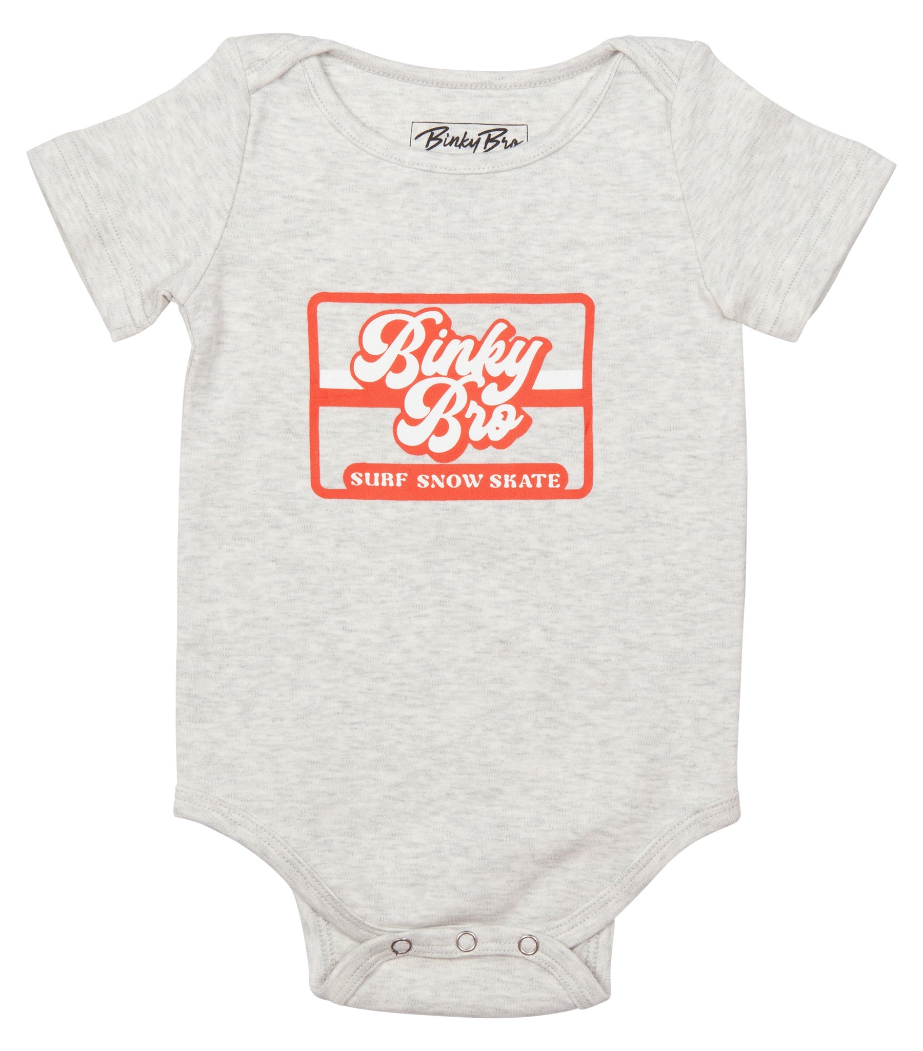 Light gray retro onesie featuring a bold red "Binky Bro" logo with "Surf Snow Skate" text, perfect for stylish infants.