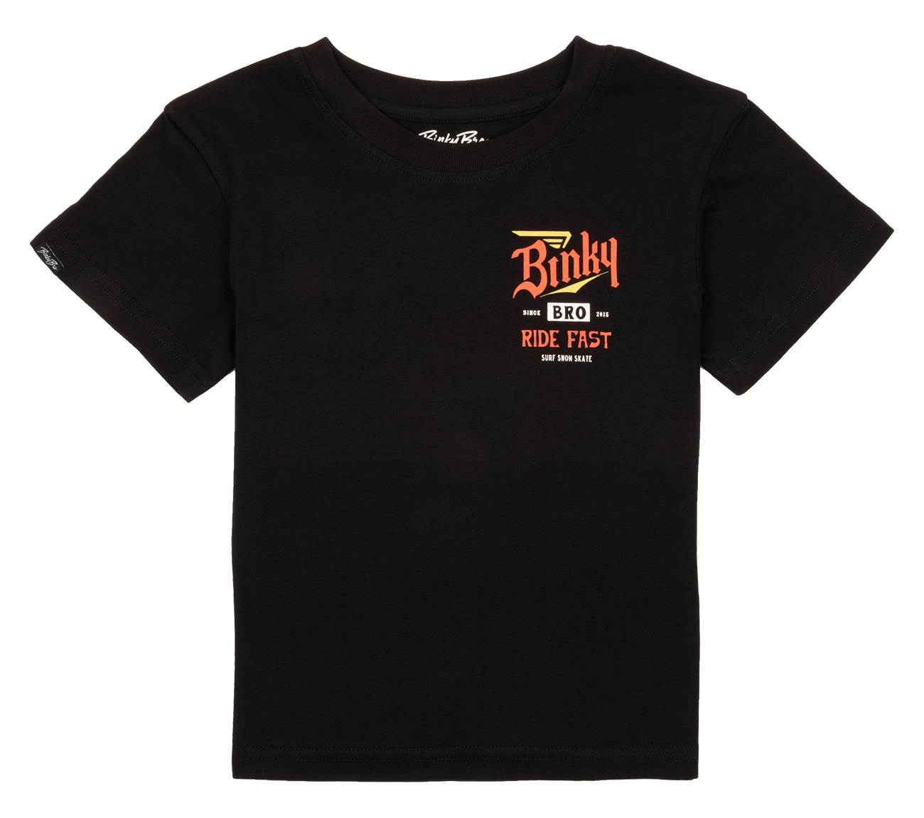 Black youth t-shirt featuring "Binky Bro" and "RIDE FAST" graphics, designed for a stylish surf-snow-skate lifestyle.
