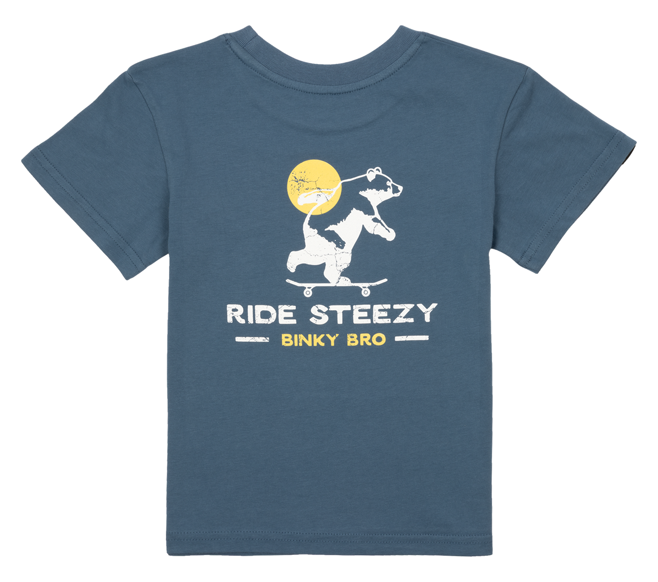 Blue toddler t-shirt featuring a playful graphic of a bear on a skateboard with the text "Ride Steezy" below.