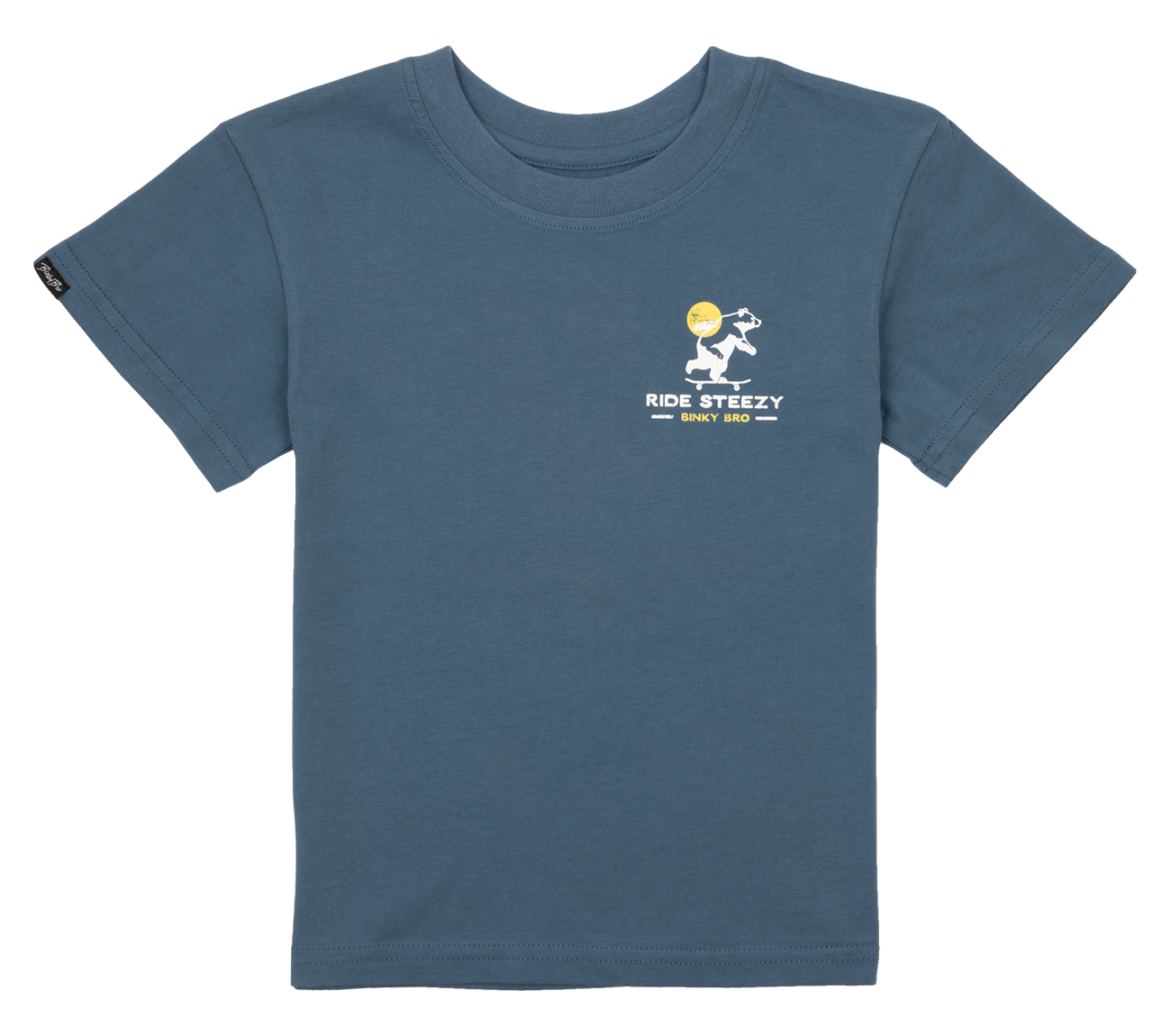 Blue t-shirt featuring a playful graphic of a character riding a skateboard with "Ride Steezy" text, perfect for active kids.