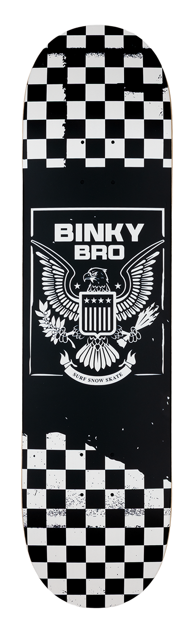Black and white skateboard deck featuring a checkered pattern and an eagle graphic with the Binky Bro logo.