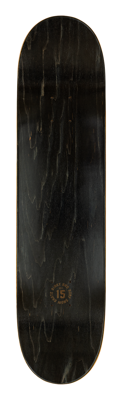 Black wooden skateboard deck with a smooth finish and subtle grain pattern, featuring the number 15 embossed on the bottom.