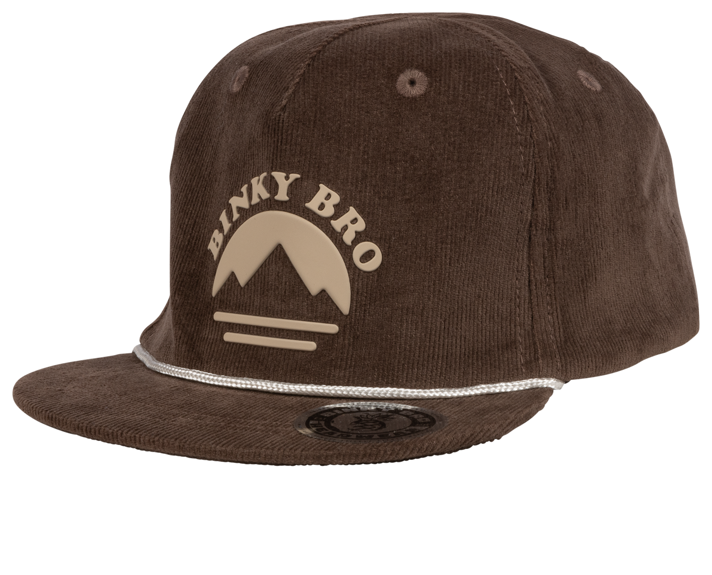 Stylish brown corduroy snapback hat featuring a mountain logo, perfect for infants and toddlers with a surf-snow-skate vibe.