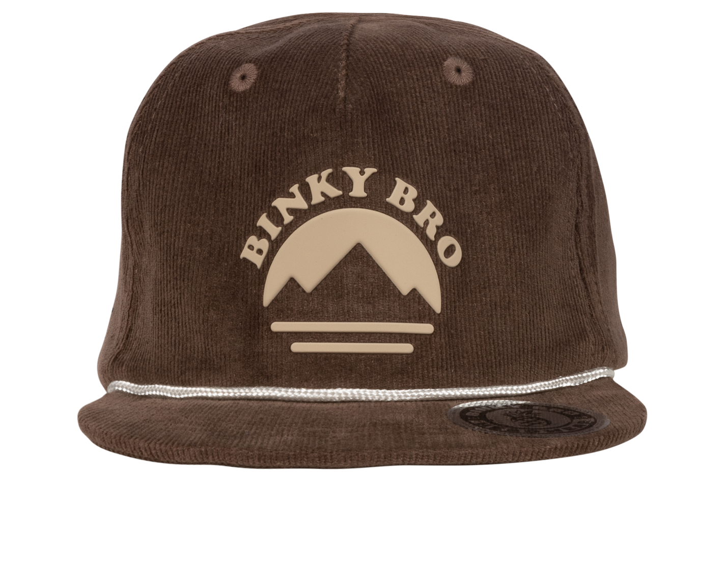 Brown corduroy snapback hat featuring a mountain logo and "Binky Bro" text, designed for stylish kids' outdoor wear.