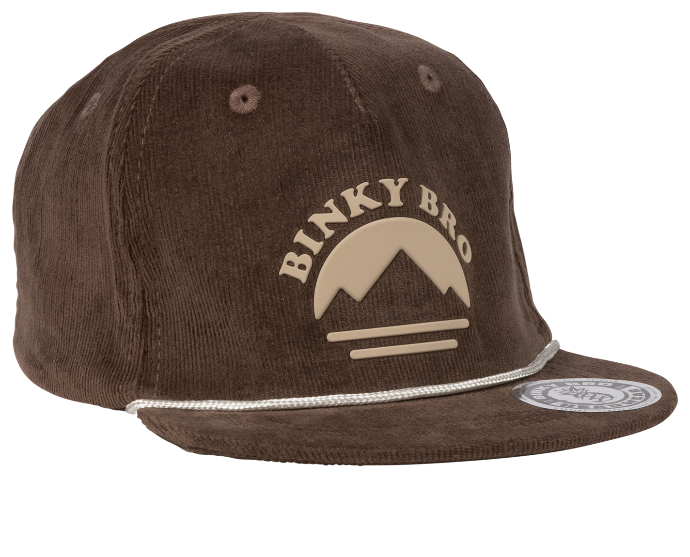 Brown corduroy snapback hat featuring a mountain logo and "Binky Bro" branding, perfect for stylish kids.