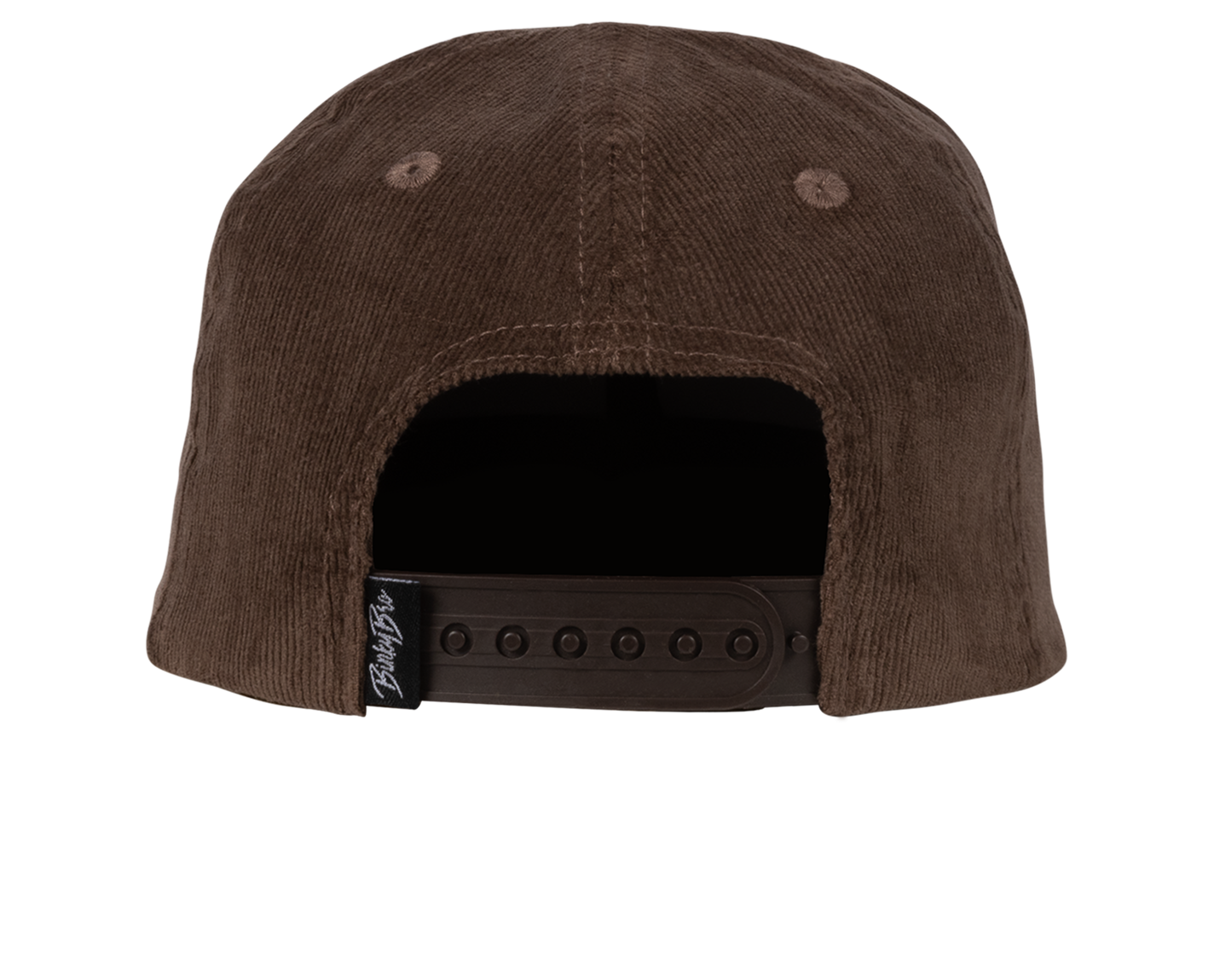 Back view of a brown corduroy snapback hat with an adjustable strap, designed for kids' stylish outdoor wear.