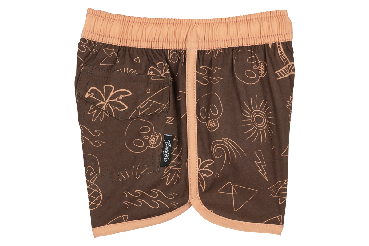 Stylish brown swim shorts featuring a fun pattern of skulls, palm trees, and geometric shapes, perfect for kids.