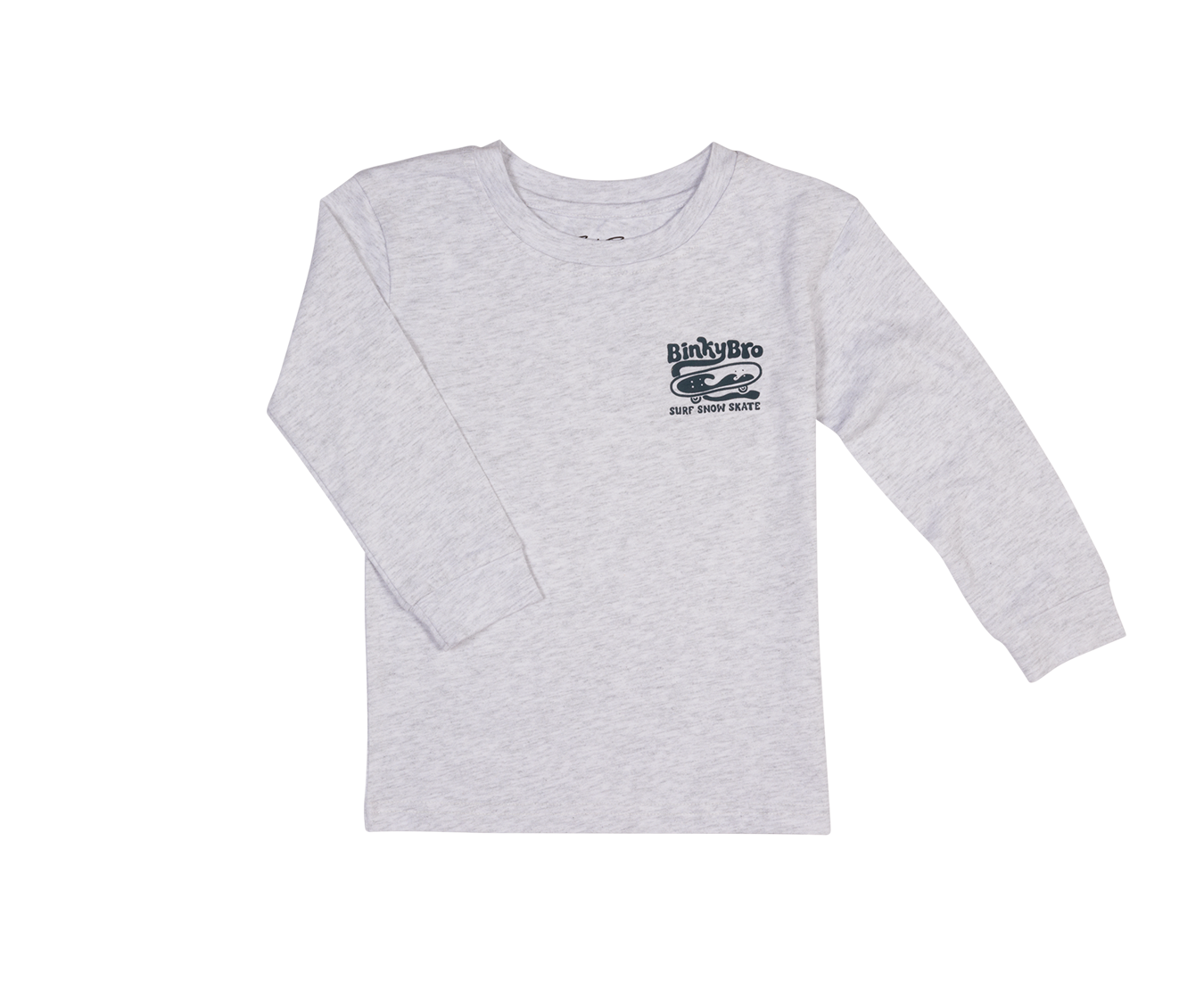 Gray long sleeve shirt featuring BinkyBro logo, designed for infants and toddlers with a surf-snow-skate style.