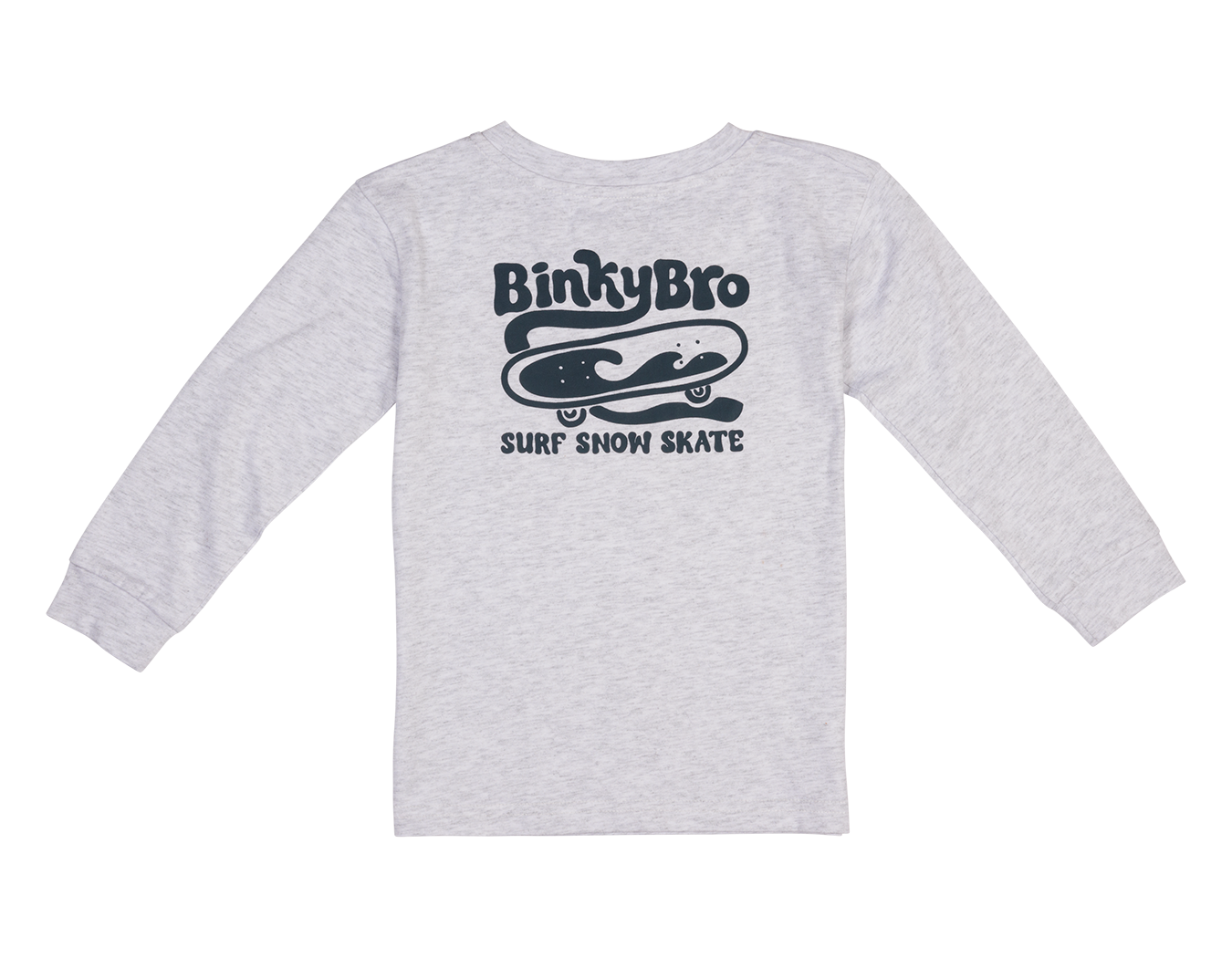 Gray long sleeve shirt featuring a skateboard graphic and "BinkyBro Surf Snow Skate" text, designed for kids.