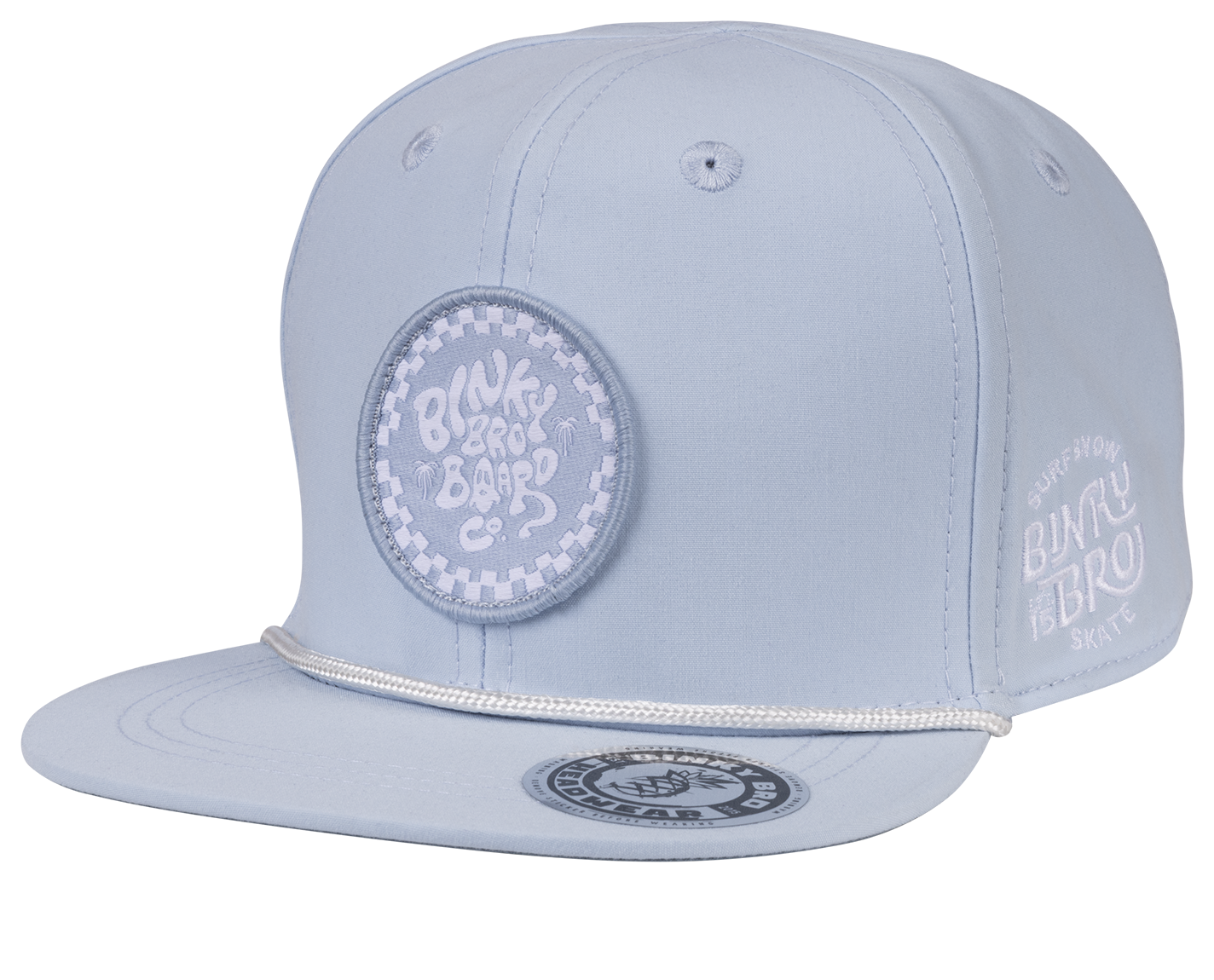 Light blue snapback hat featuring a circular logo patch and stylish details, perfect for kids' surf and skate style.