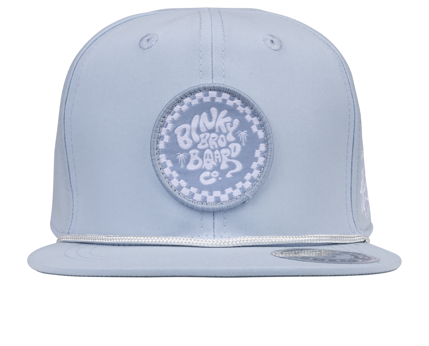 Light blue snapback hat featuring a circular logo with playful text, designed for infants and toddlers by BinkyBro.