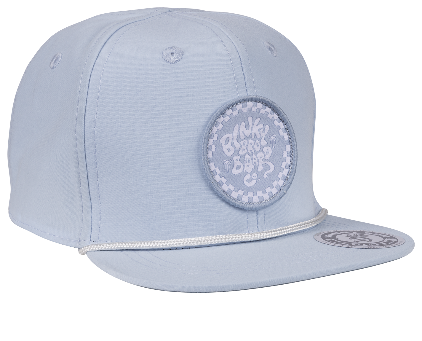 Light blue snapback cap featuring a circular logo patch and a decorative cord, designed for stylish youth apparel.