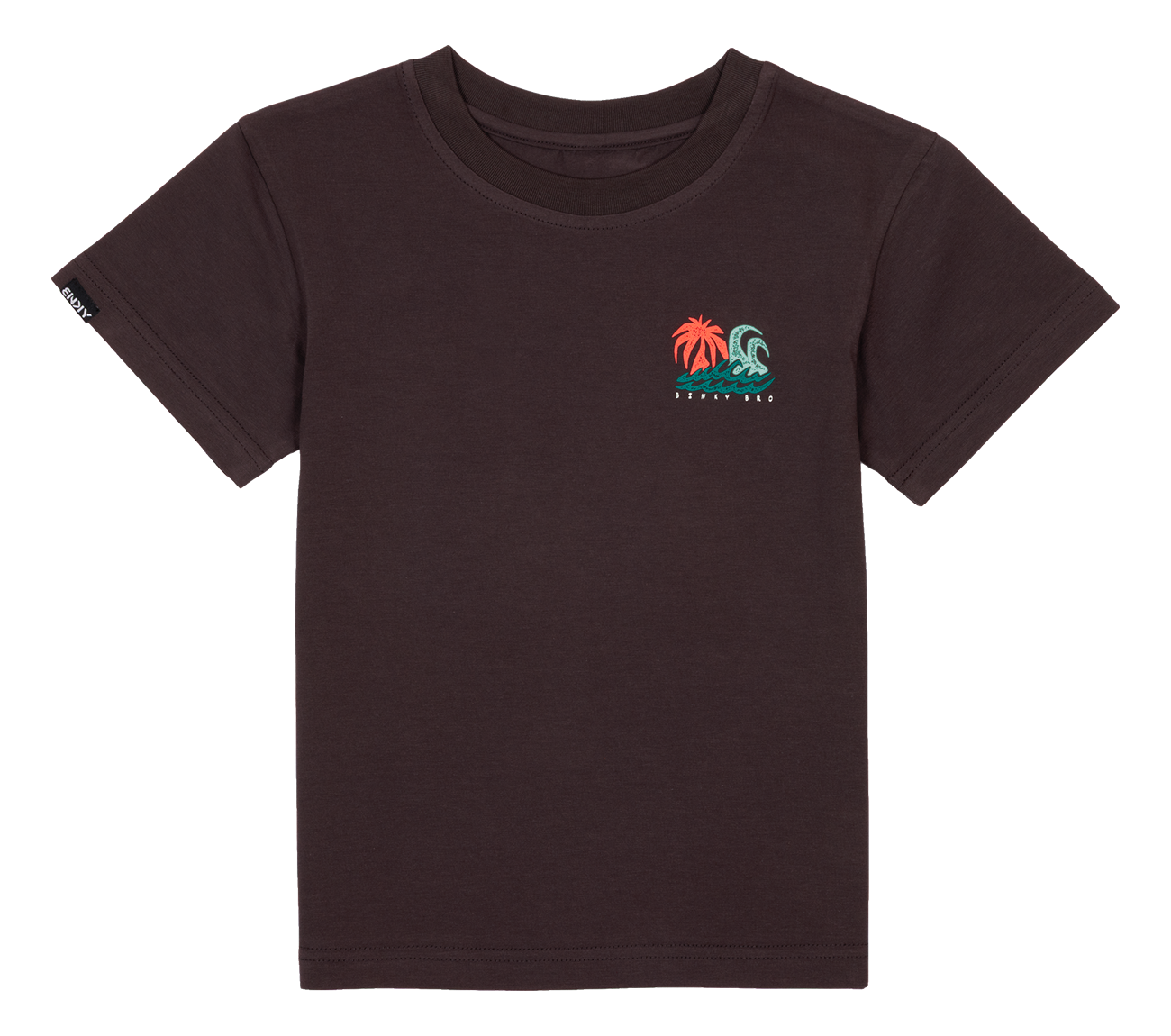 Stylish dark brown t-shirt featuring colorful palm tree and wave graphics, perfect for kids' surf and skate lifestyle.