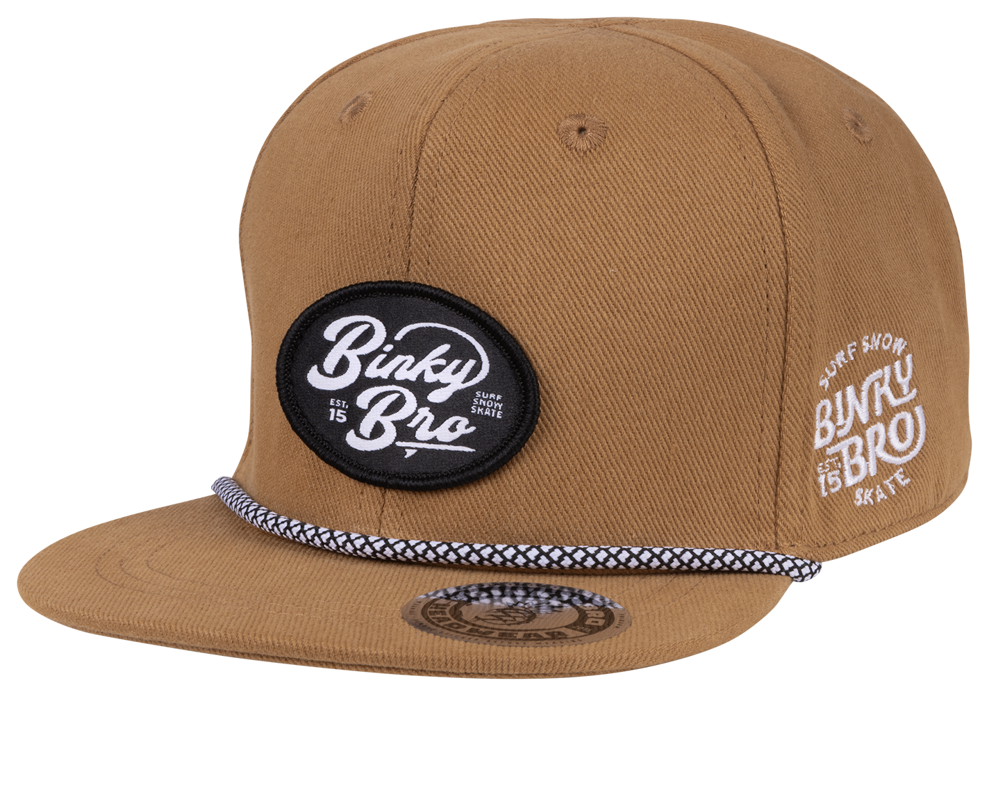 Stylish brown snapback hat with a black logo patch and braided detail, perfect for kids' surf and skate lifestyle.