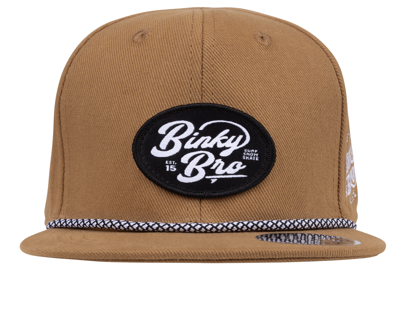 Stylish brown snapback hat with a black circular logo and braided trim, perfect for kids' surf and skate lifestyle.