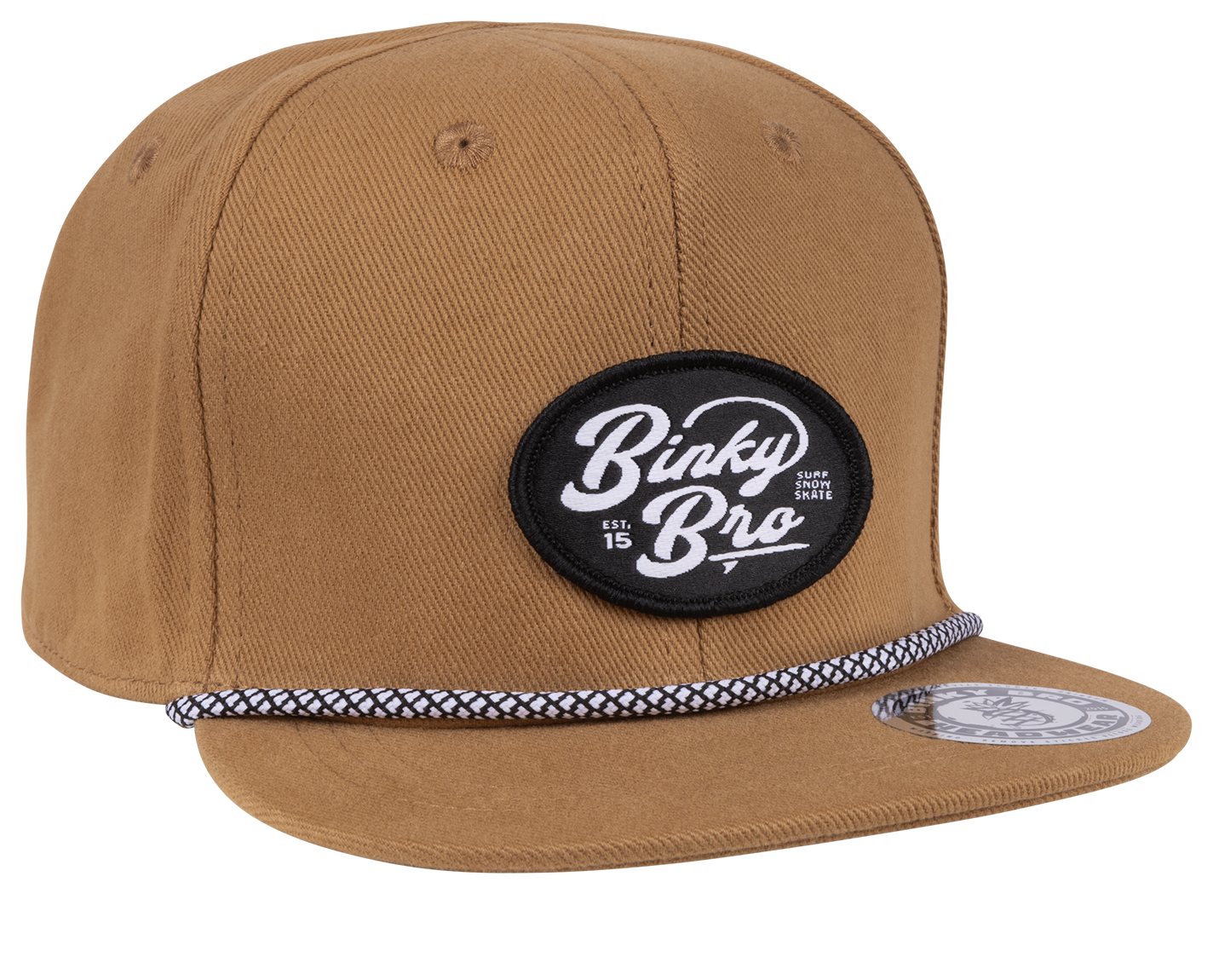 Stylish brown snapback hat with a black Binky Bro logo patch and a patterned brim, perfect for kids' surf-snow-skate lifestyle.