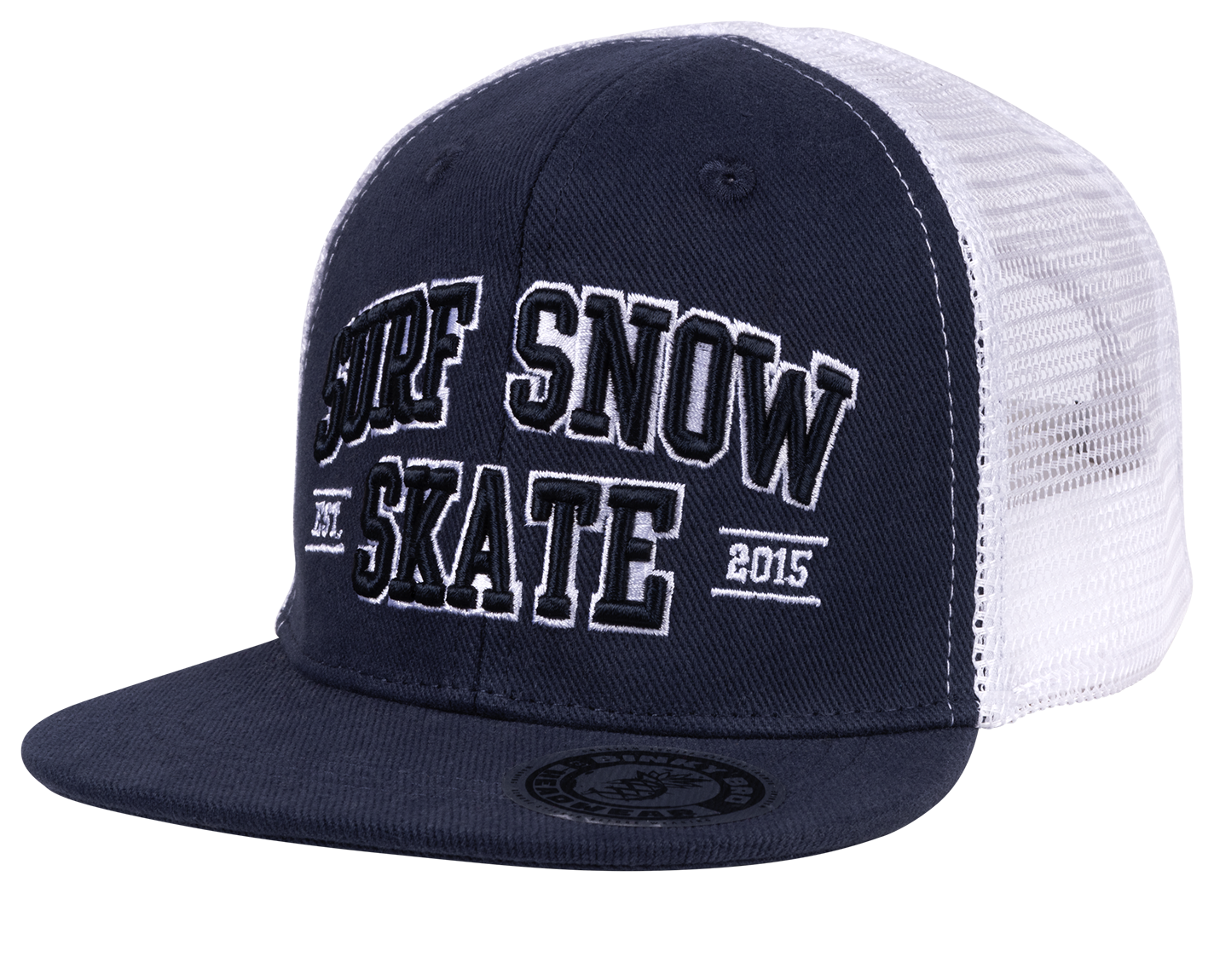 Stylish navy snapback hat featuring "Surf Snow Skate" embroidery, perfect for kids embracing an active lifestyle.