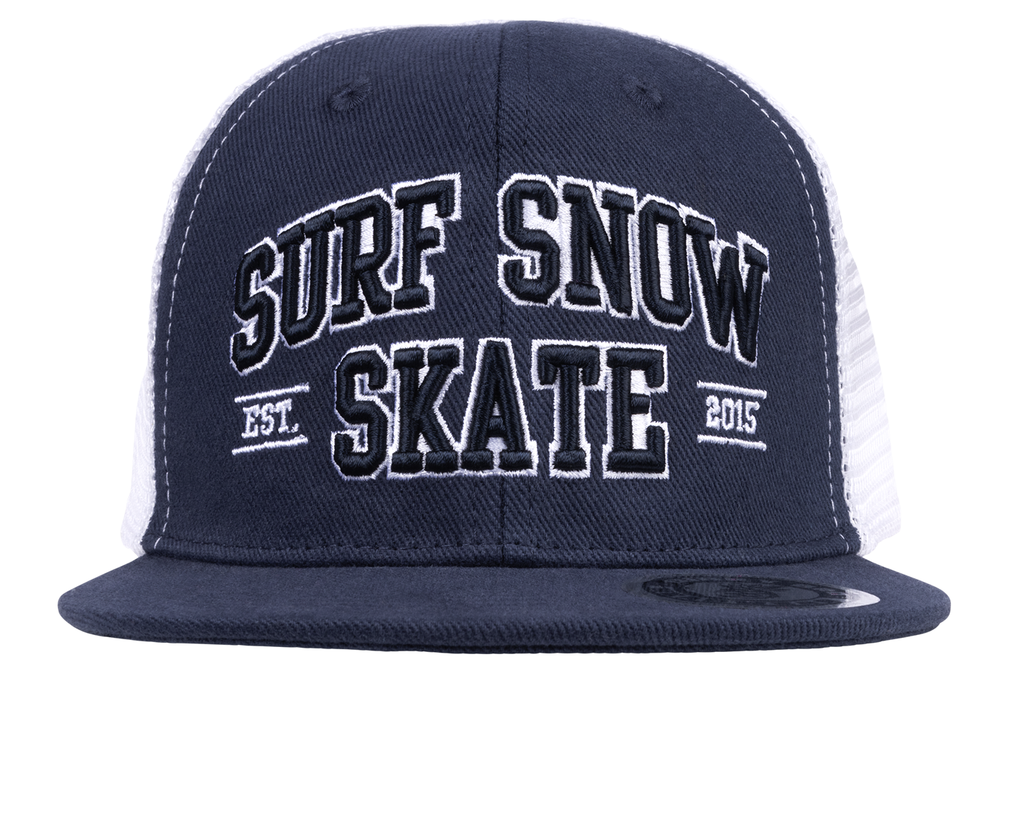 Stylish navy snapback hat featuring "Surf Snow Skate" and "School of Hard Knocks" text, perfect for young adventurers.