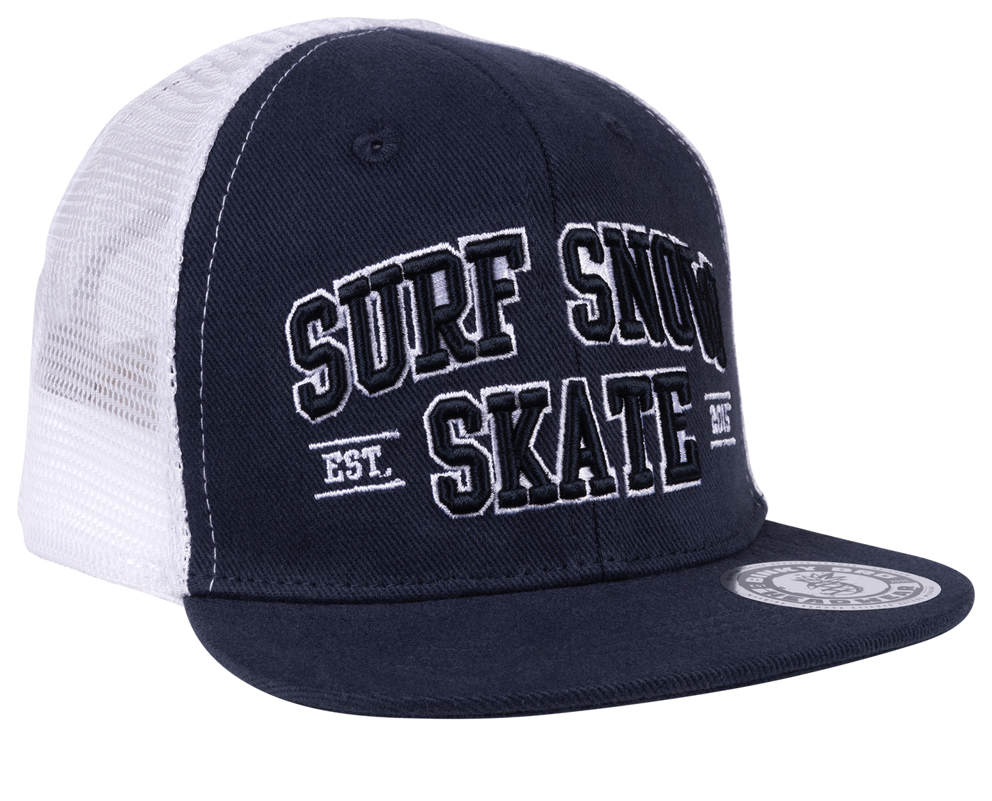Navy snapback hat with white mesh back featuring "Surf Snow Skate" embroidered in bold letters. Ideal for active youth.