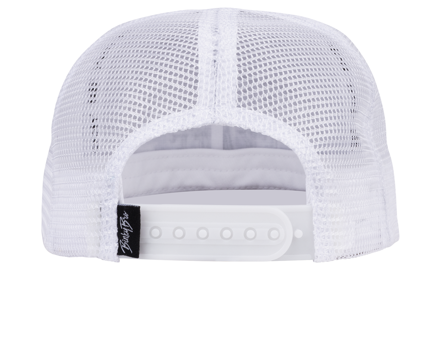 White mesh snapback hat with an adjustable strap, featuring a clean and modern design suitable for kids.