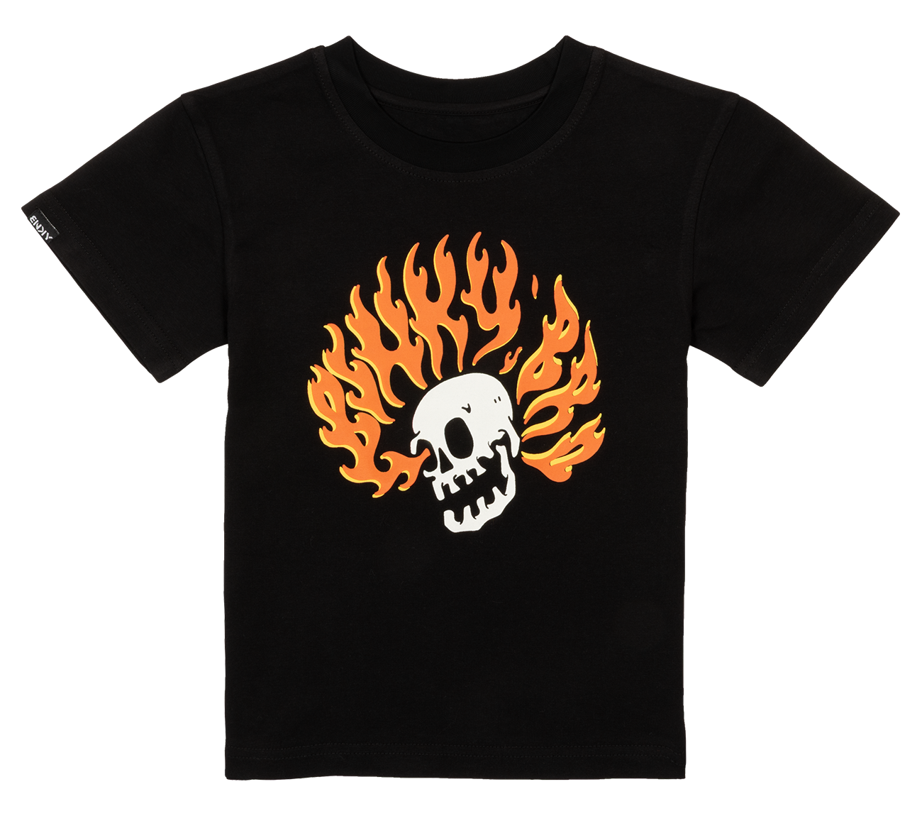 Black t-shirt featuring a skull with fiery orange flames, designed for kids with a cool, edgy style.