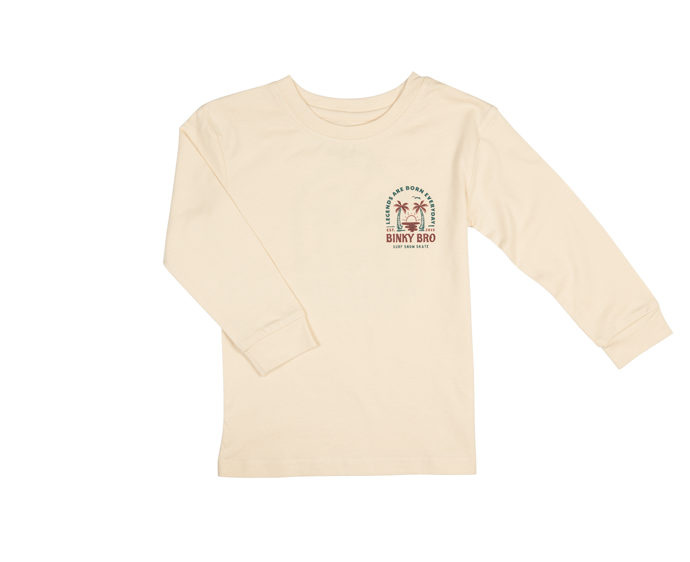 Cream long sleeve shirt featuring a colorful palm tree graphic and "Binky Bro" logo, perfect for stylish kids.