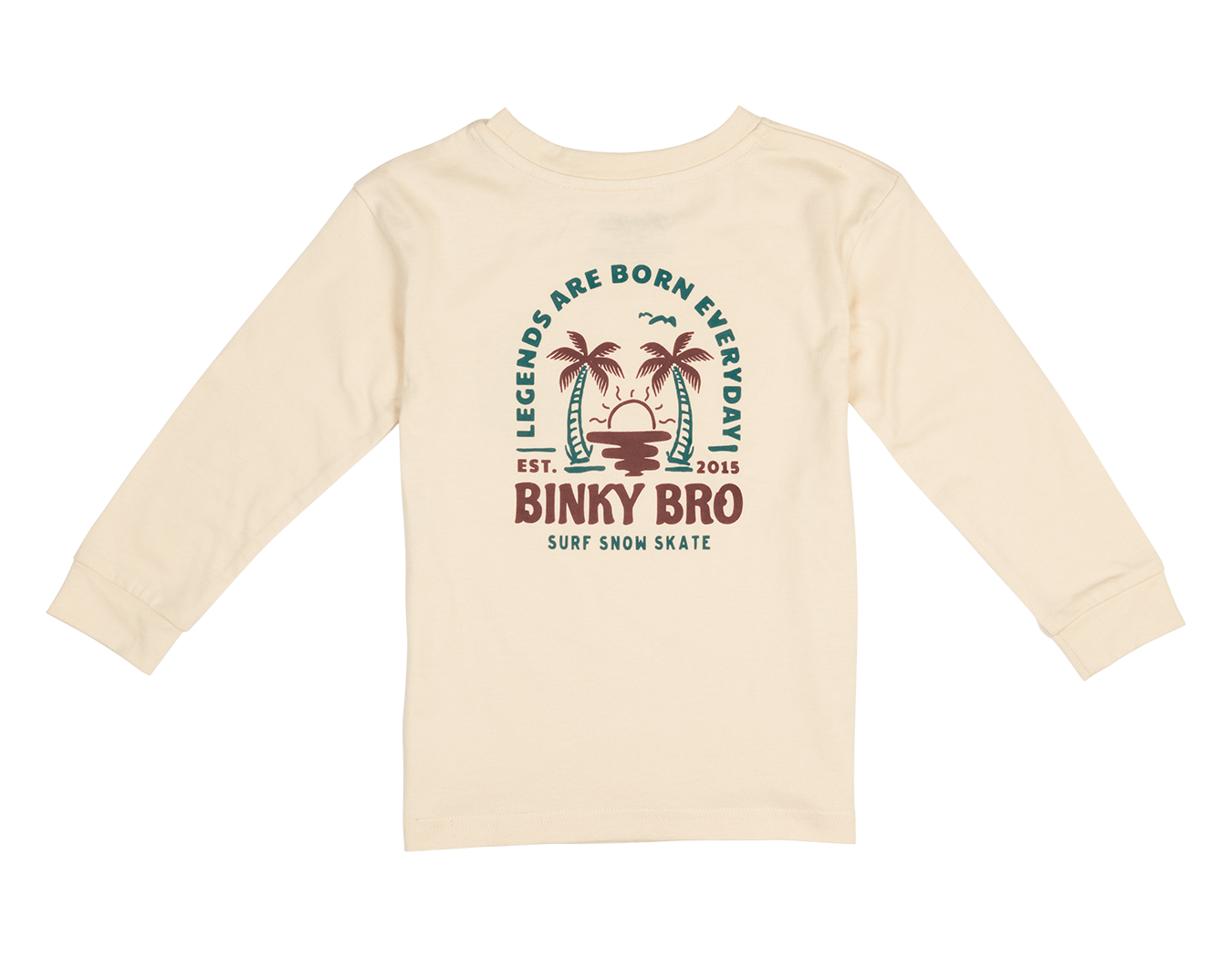Cream long sleeve shirt featuring a colorful graphic with palm trees, waves, and the text "Legends Are Born Everyday" by BinkyBro.